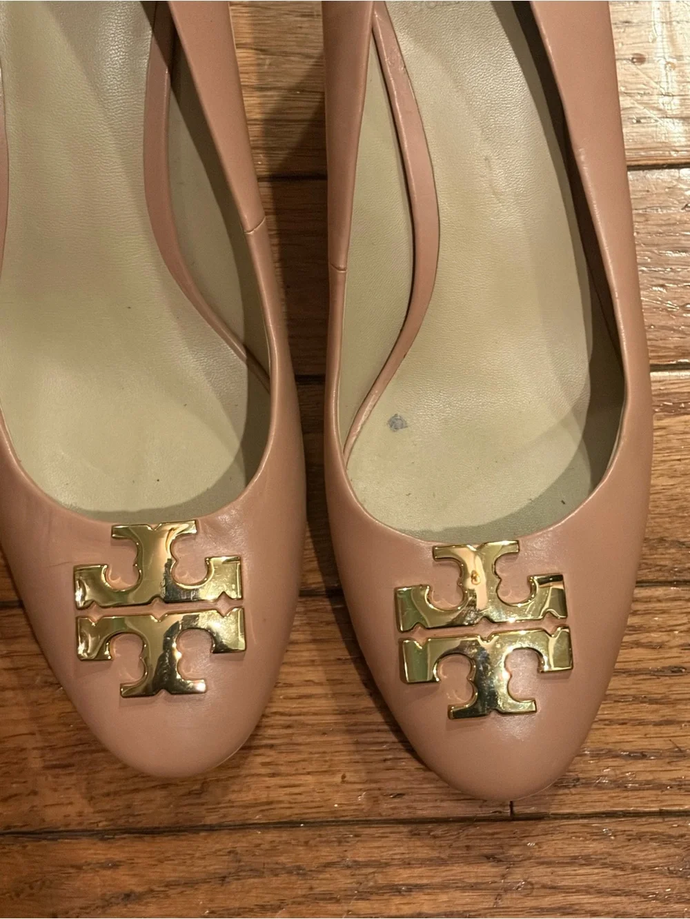 Tory Burch Blush Beige Leather Block Heel Pumps with Gold Logo